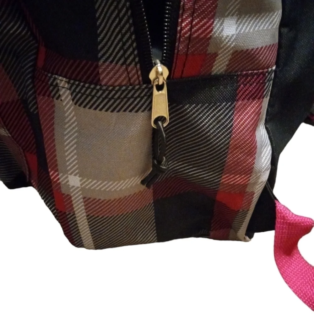 Trailmaker Classic Pink, Black, & White Plaid Front Pocket-Zip Backpack Preppy